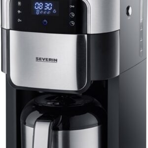 Severin Filterkaffeemaschine mit Mahlwerk und Edelstahl-Thermokanne, Kaffeemaschine Schwarz, Edelstahl (gebürstet) Fassu